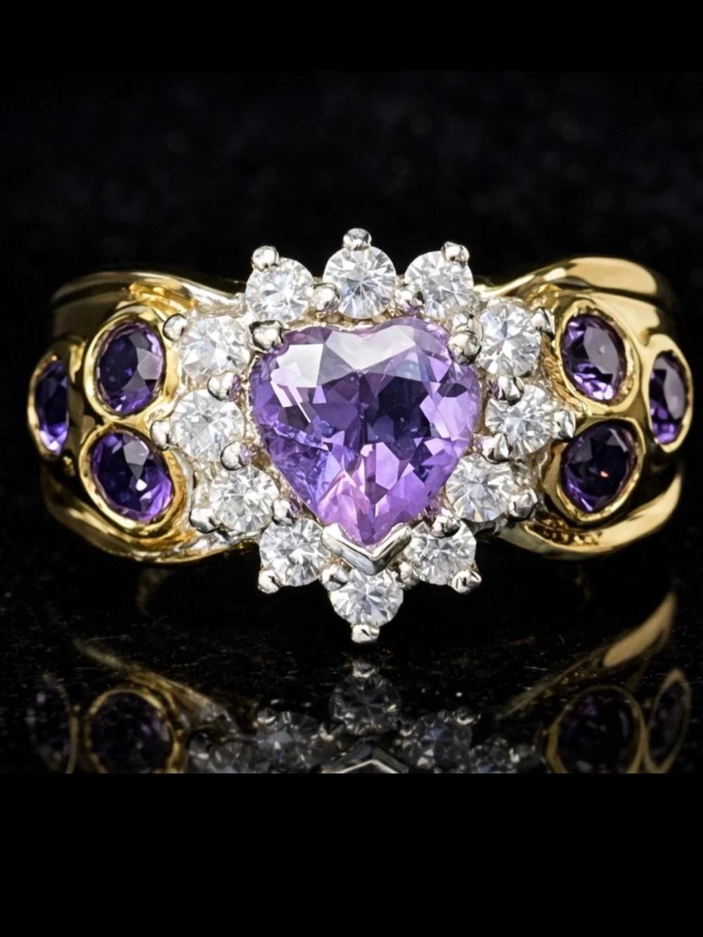 Suzanne Somers vintage amethyst heart round cut CZ Cocktail ring gold HSN